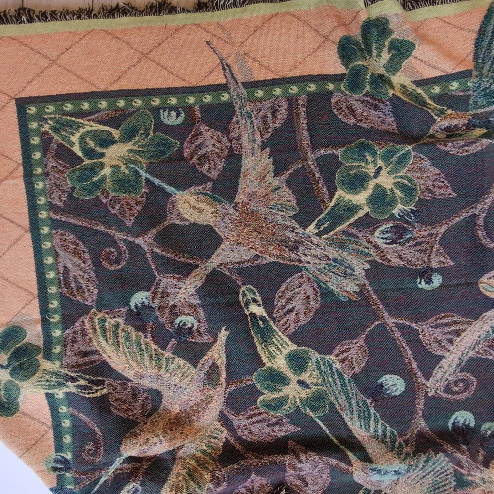 Dan Gilbert Hummingbird Tapestry Throw Blanket Teal Floral Fringe Cottagecore